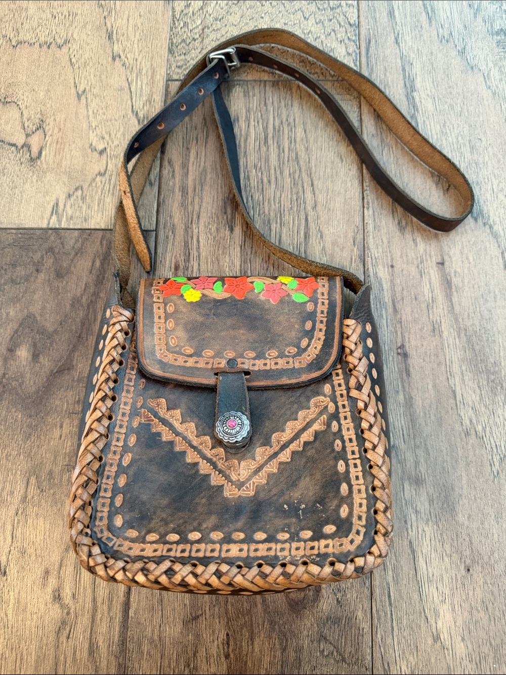 Vintage Mexican Hand-Tooled Brown Leather Crossbody Bag with Floral Accent